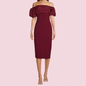Badgley Mischka Harlow Stretch Crepe Off-the-Shoulder Puffed Sleeve Dress Size6